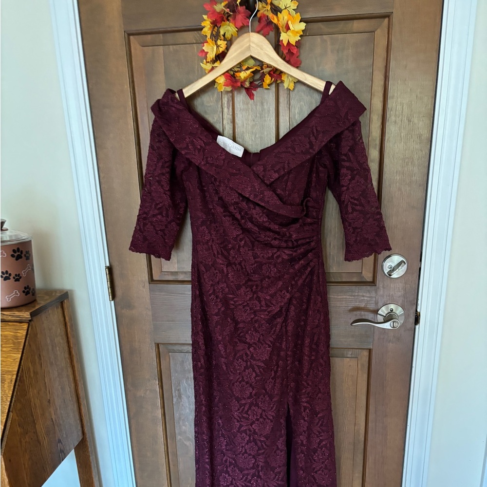 Oleg Cassini Red Elegant Midi Bell Sleeve Off the Shoulder Gown
